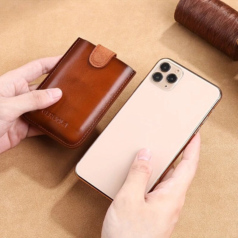 (image for) Ekphero Men's Card Holder Genuine Leather Portable Credit Card Case Storage Magnetic Suction Card Holder Simple Thin Bank Card Anti-magnetic Bus Card Slot Mini Bag